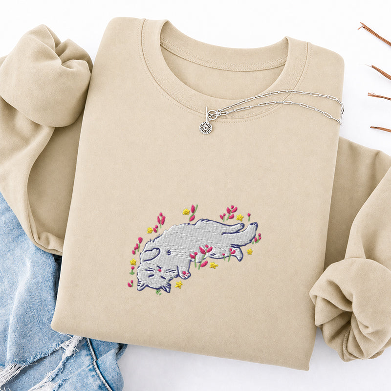 Embroidered Floral Playing Cat Classic Crewneck Sweatshirt