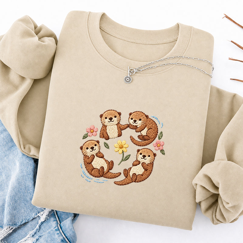 Embroidered Sea Otters And Flowers Classic Crewneck Sweatshirt