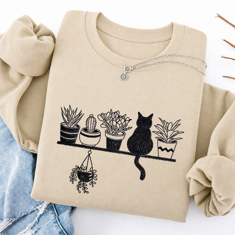 Embroidered Cats And Plants Classic Crewneck Sweatshirt