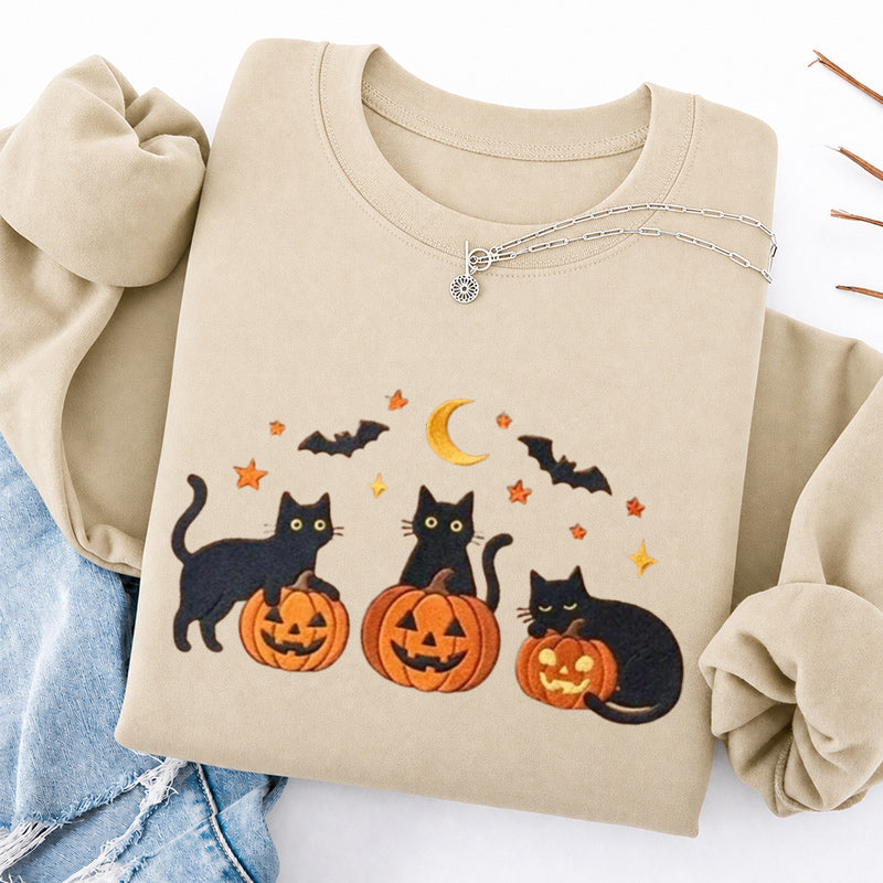 Embroidered Black Cats and Pumpkin Halloween Classic Crewneck Sweatshirts