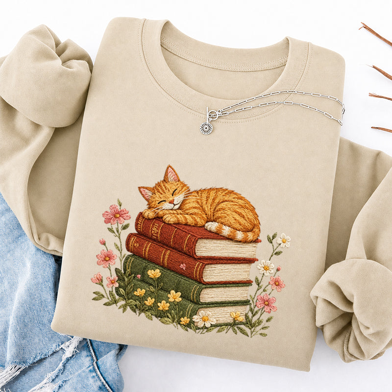 Embroidered Cat Sleeping On Books Classic Crewneck Sweatshirt
