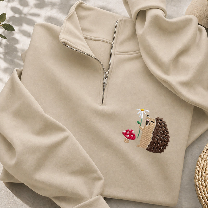 Embroidered Mushroom Hedgehog Classic Quarter Zip Sweatshirt