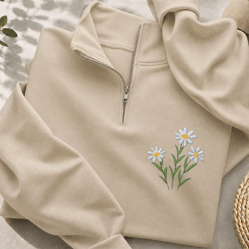 Embroidered Floral Daisy Classic Quarter Zip Sweatshirt