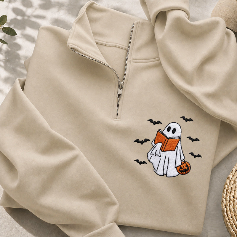 Embroidered Halloween Reading Ghost Classic Quarter Zip Sweatshirt