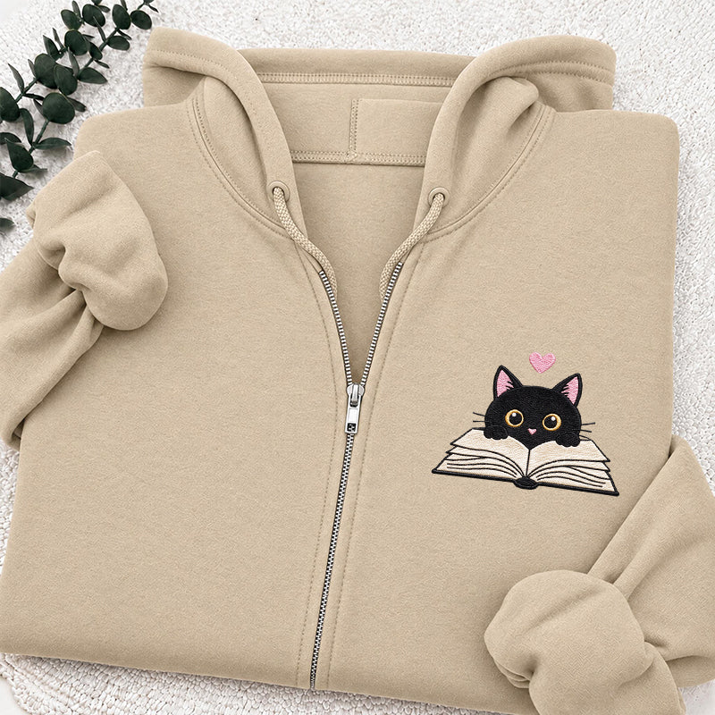 Embroidered Reading Black Cat Classic Adult Unisex Full Zip Hoodie