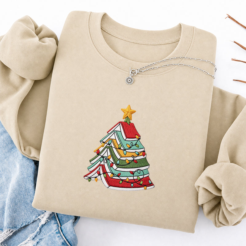 Embroidered Book Christmas Tree Classic Crewneck Sweatshirt