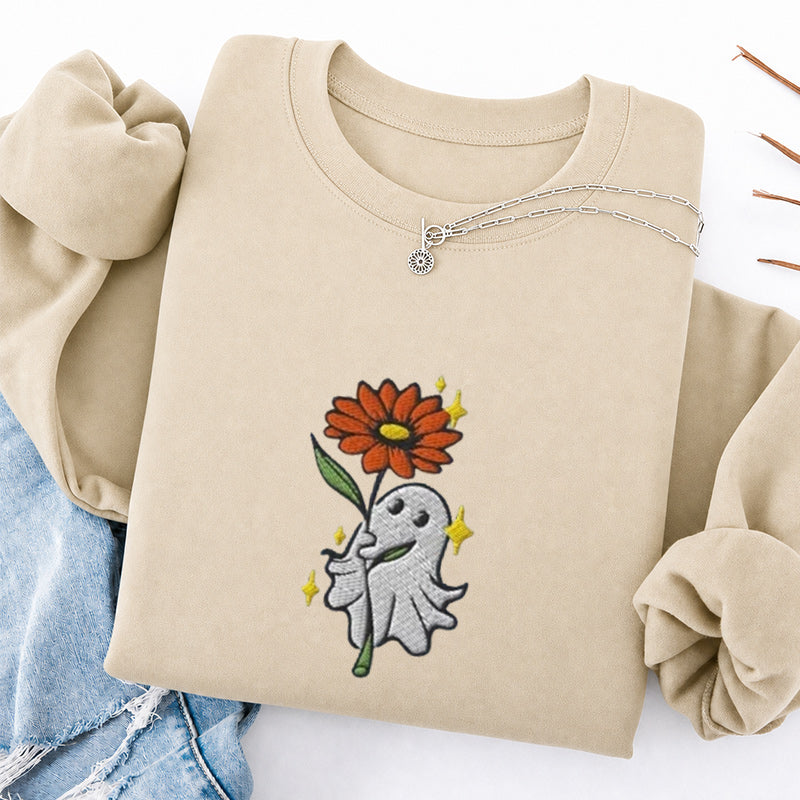 Embroidered Ghost Holding a Flower Classic Crewneck Sweatshirt