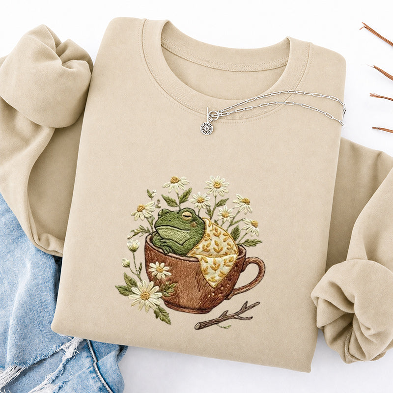 Embroidered Frog in Teacup Classic Crewneck Sweatshirt