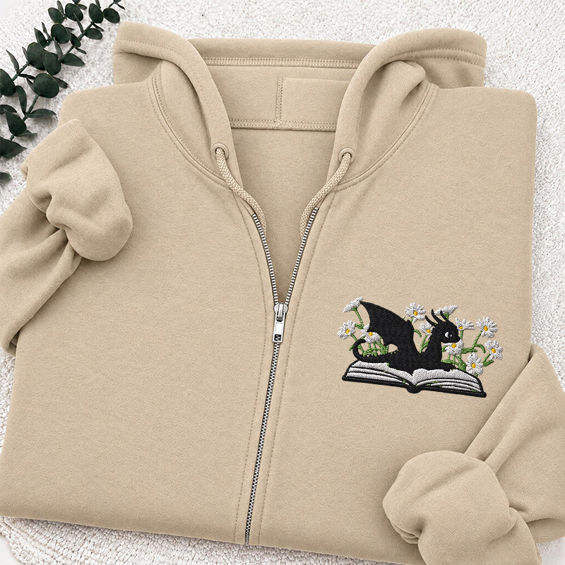 Embroidered Floral Dragon Book Classic Full Zip Hoodie