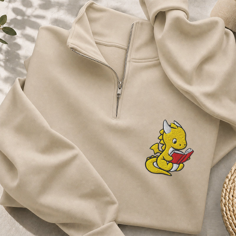 Embroidered Dragon Reading Books Classic Quarter Zip Sweatshirt