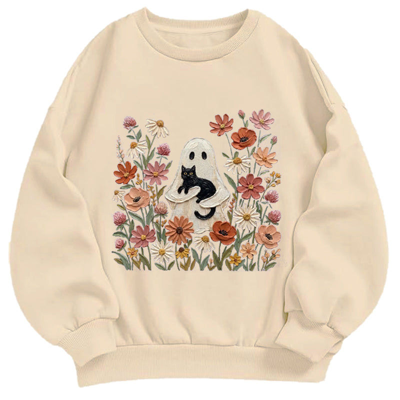 Ghost with Black Cat Floral Classic Adult Unisex Crewneck Sweatshirts