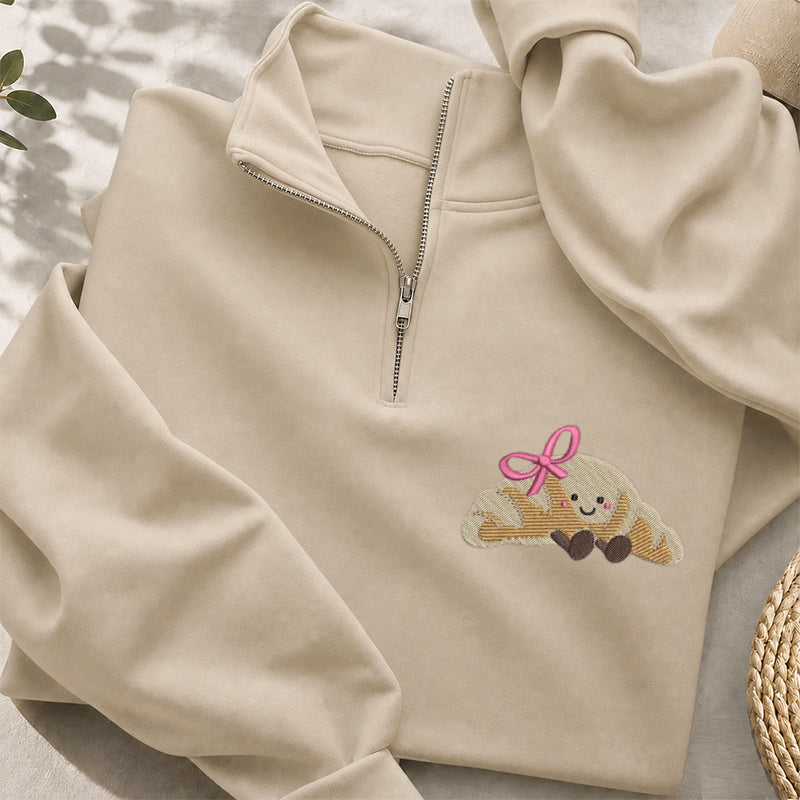 Embroidered Cute Croissant Classic Quarter Zip Sweatshirt