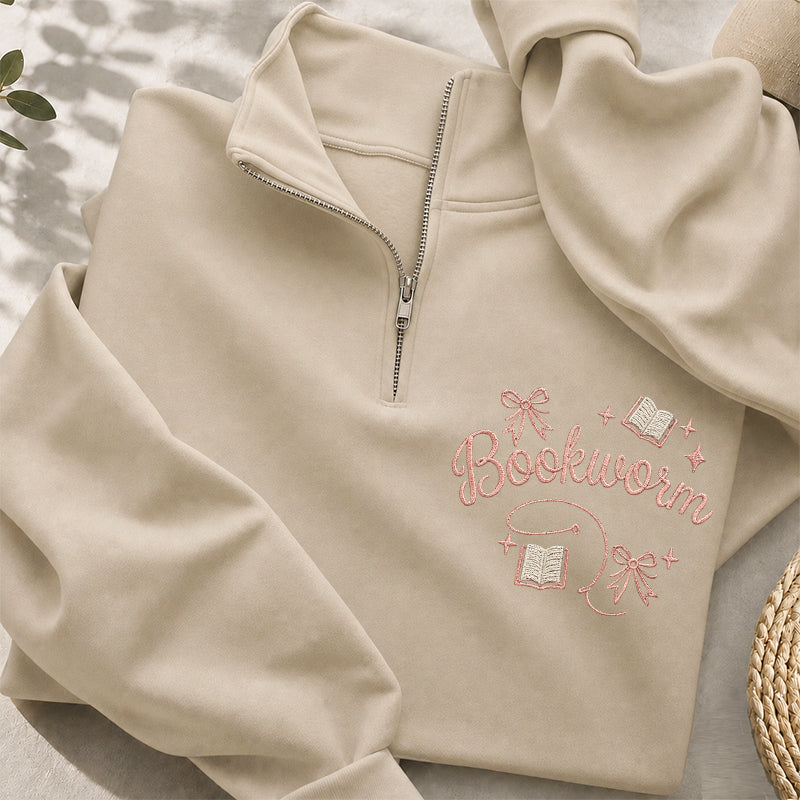 Embroidered Funny Bookworm Classic Quarter Zip Sweatshirt