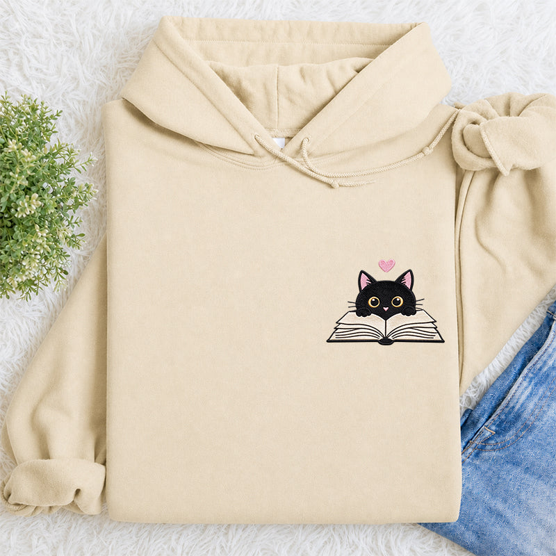 Embroidered Reading Black Cat Classic Adult Unisex Hoodie