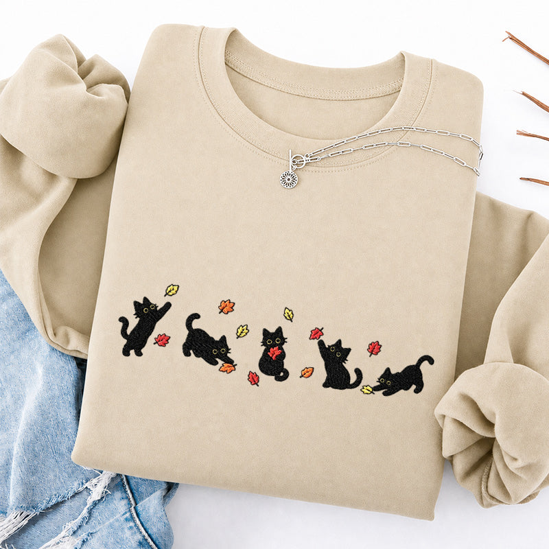Embroidered Autumn Leaves Black Cats Classic Crewneck Sweatshirt