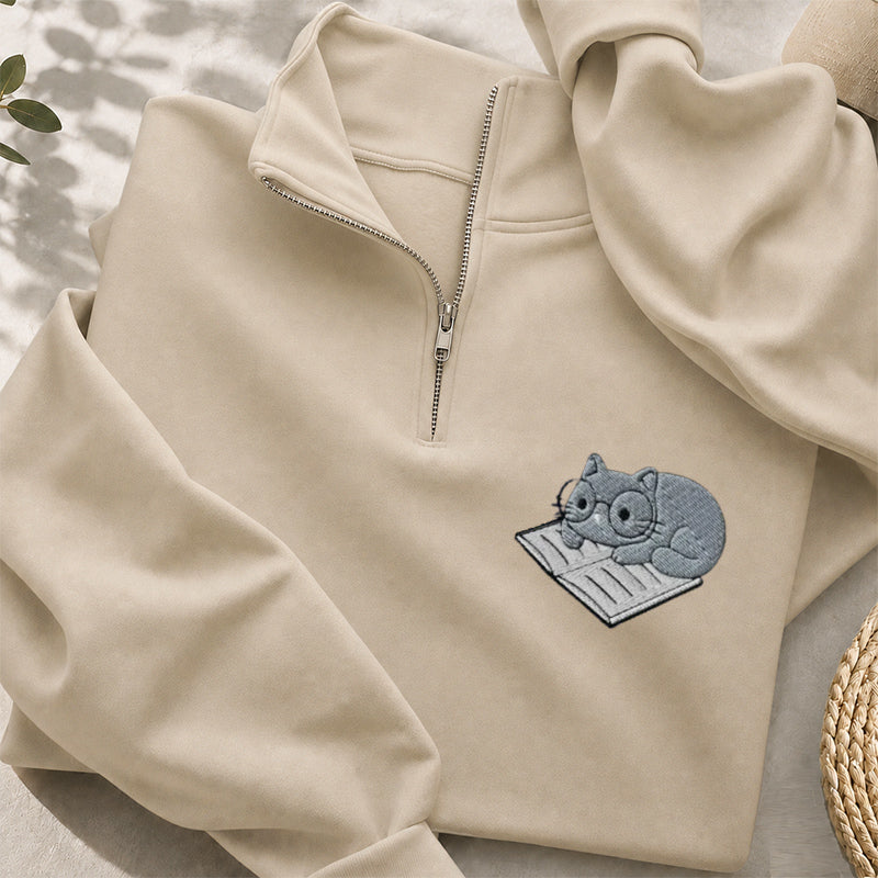 Embroidered Cat On Book Classic Quarter Zip Sweatshirt