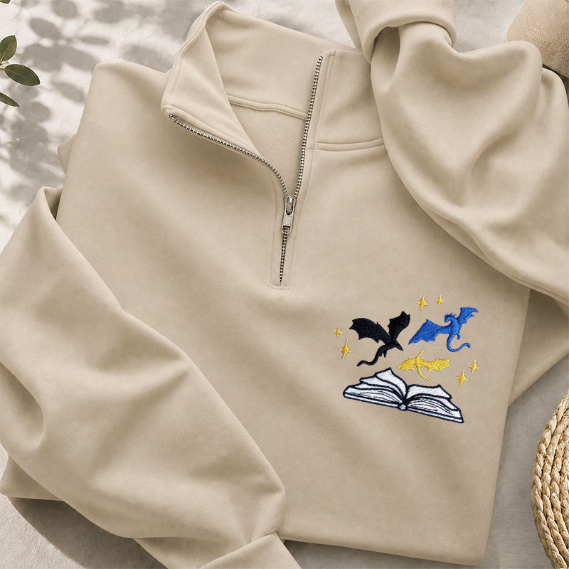 Embroidered Book And Dragon Classic Quarter Zip Sweatshirt