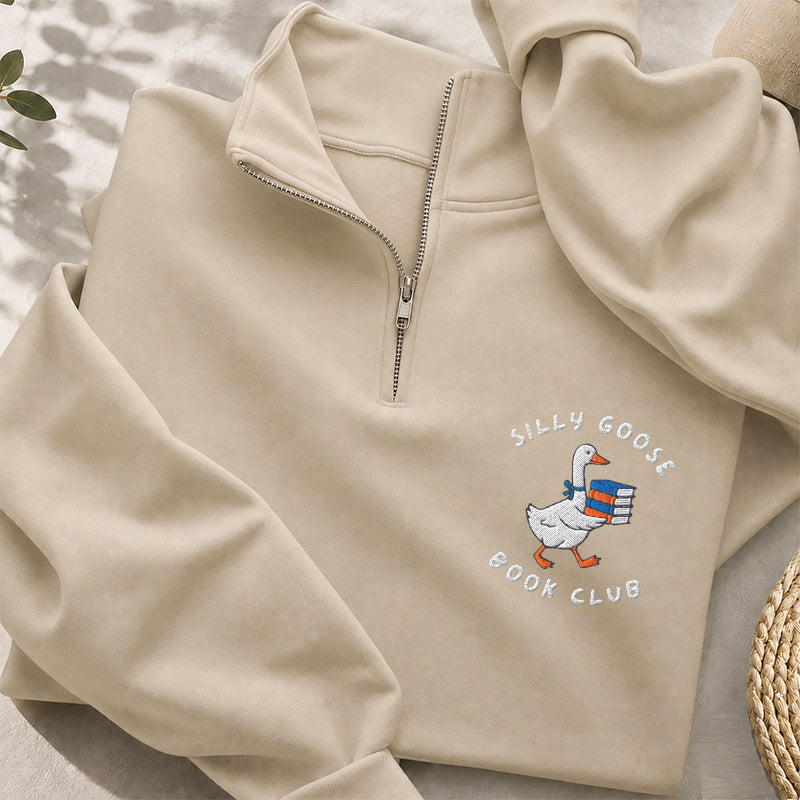 Embroidered Bookish Goose Classic Quarter Zip Sweatshirt