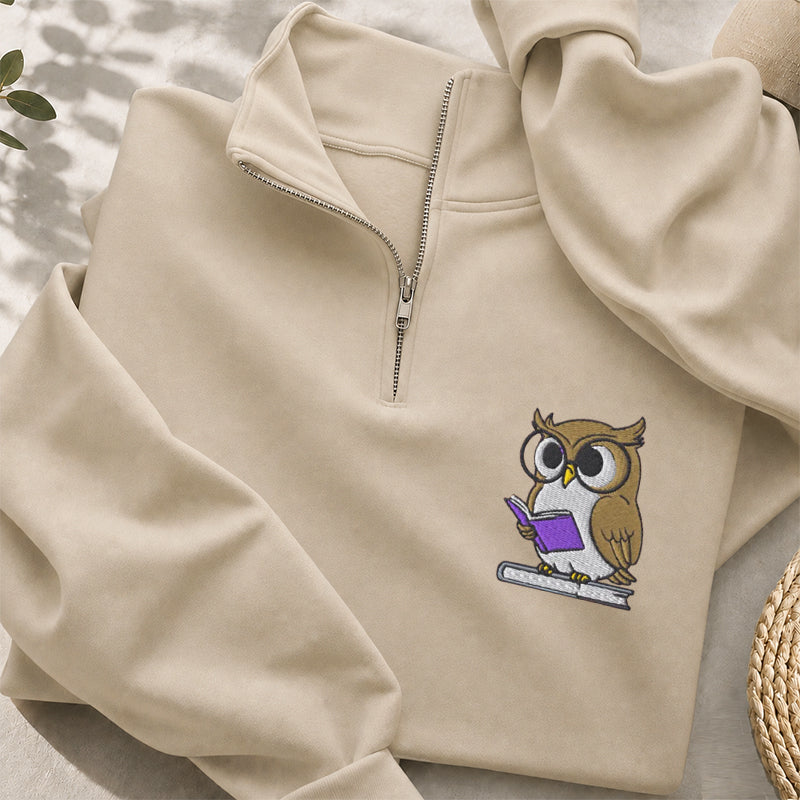 Embroidered Owl Reading Classic Quarter Zip Sweatshirt