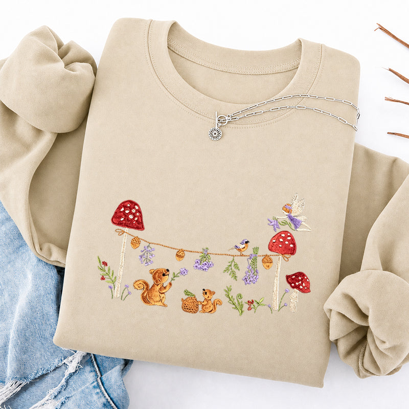 Embroidered Squirrel Woodland Fairy Tale Classic Crewneck Sweatshirt
