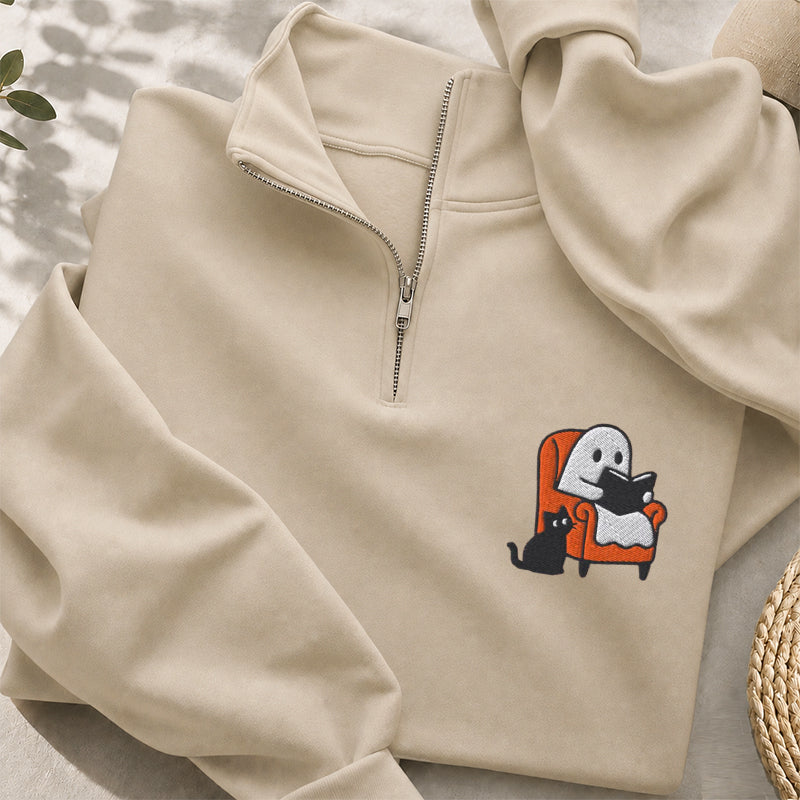 Embroidered Ghost Reading On Sofa Classic Quarter Zip Sweatshirt
