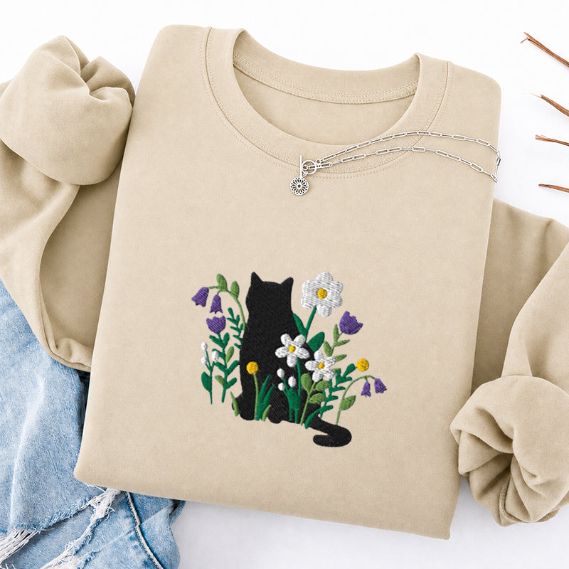 Embroidered Cottagecore Cat Classic Crewneck Sweatshirt