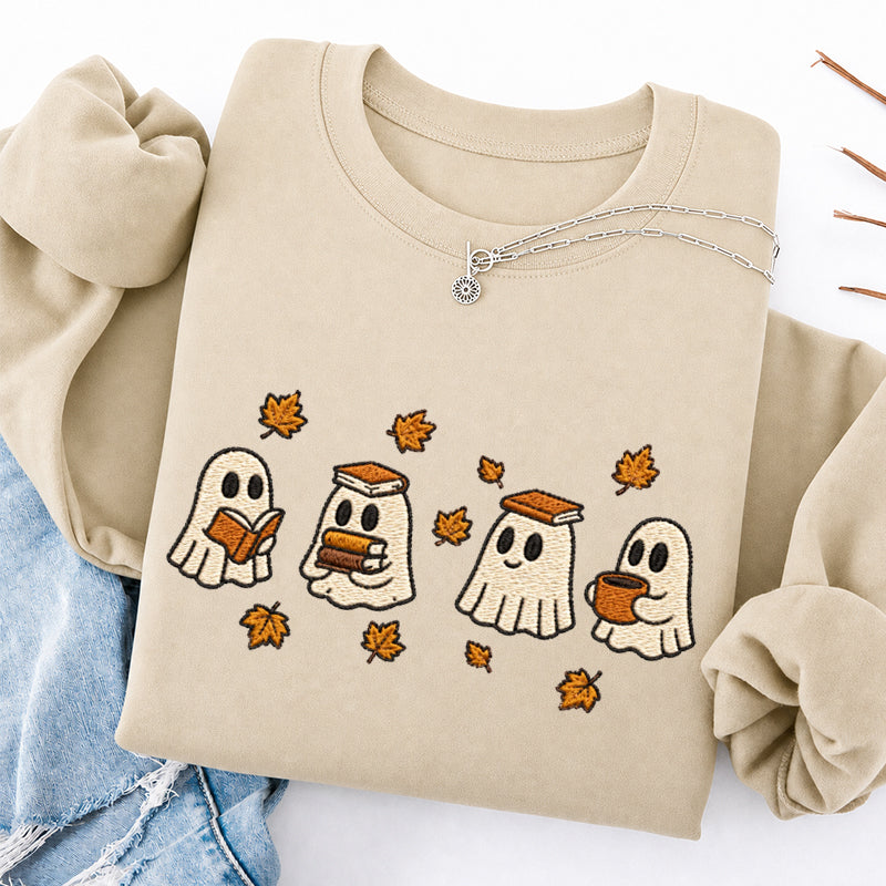 Embroidered Autumn Bookish Ghost Crewneck Sweatshirt