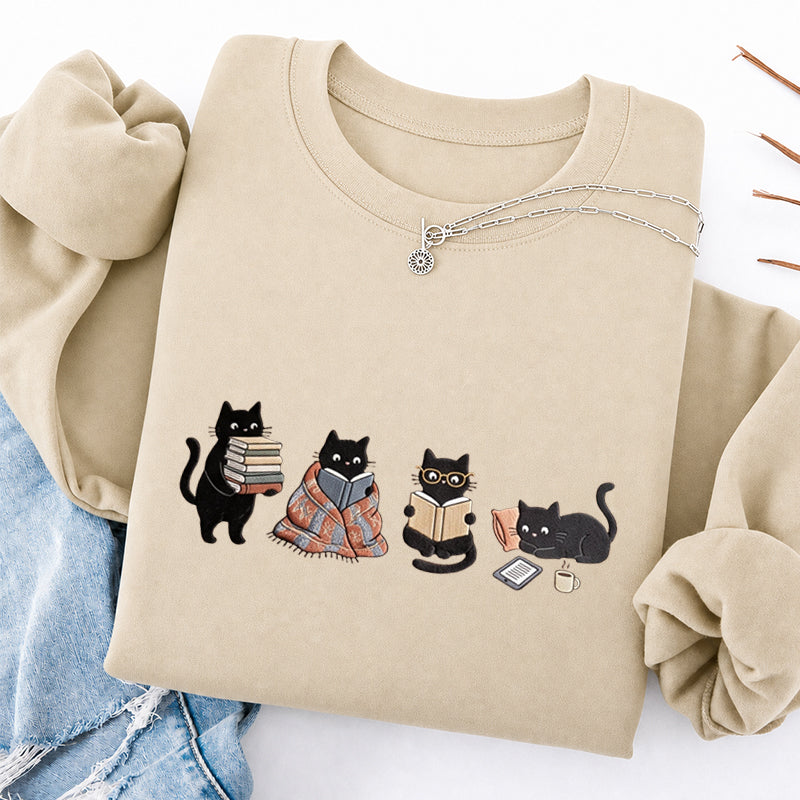 Embroidered Bookish Black Cats Classic Crewneck Sweatshirt
