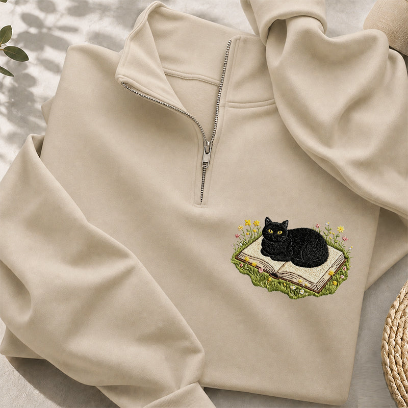 Embroidered Black Cat Book Classic Quarter Zip Sweatshirt