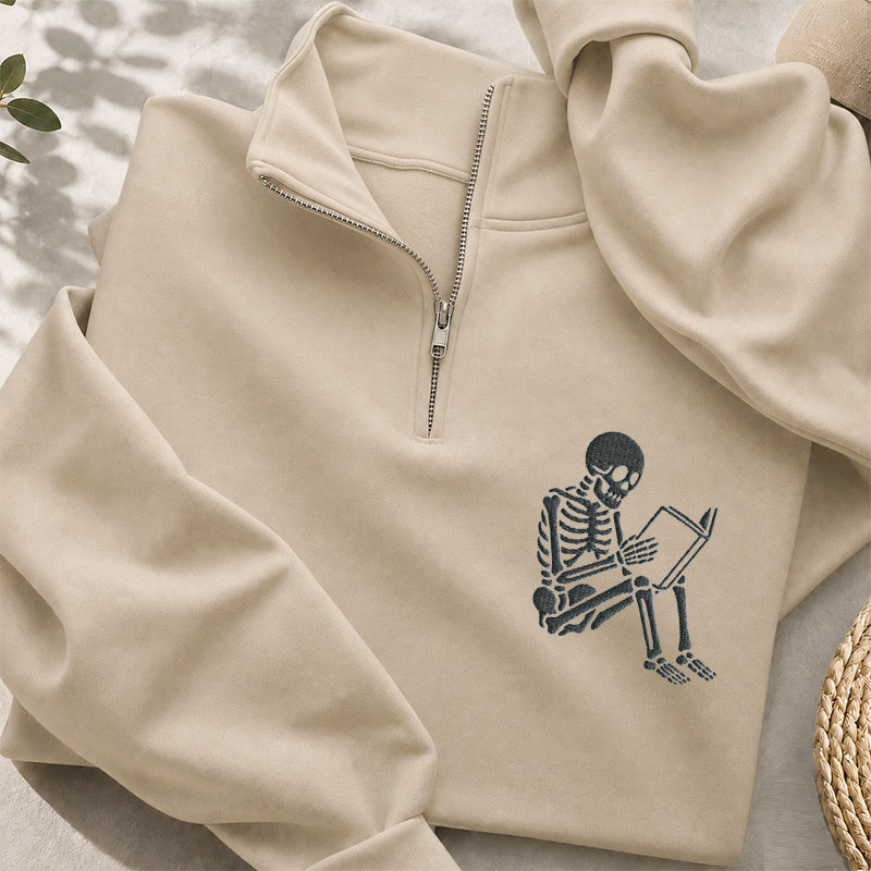 Embroidered Reading Skeleton Classic Quarter Zip Sweatshirt
