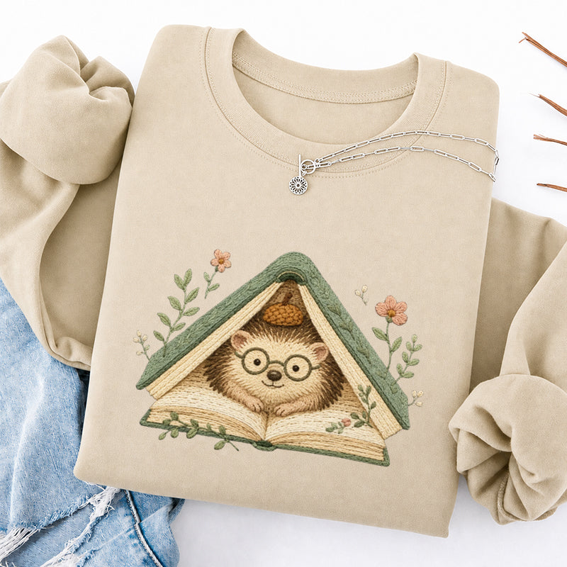 Embroidered Hedgehog Book Flower Classic Crewneck Sweatshirt