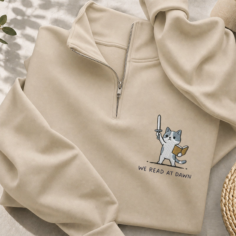 Embroidered We Read At Dawn Cat Classic Quarter Zip Sweatshirt