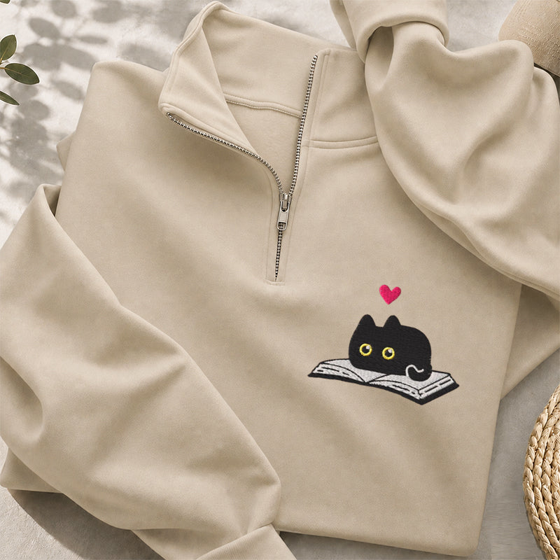 Embroidered Black Cat and Book Classic Quarter Zip Sweatshirt
