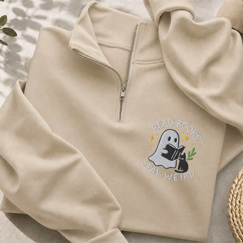 Embroidered Read Books Stay Weird Classic Quarter Zip Sweatshirt