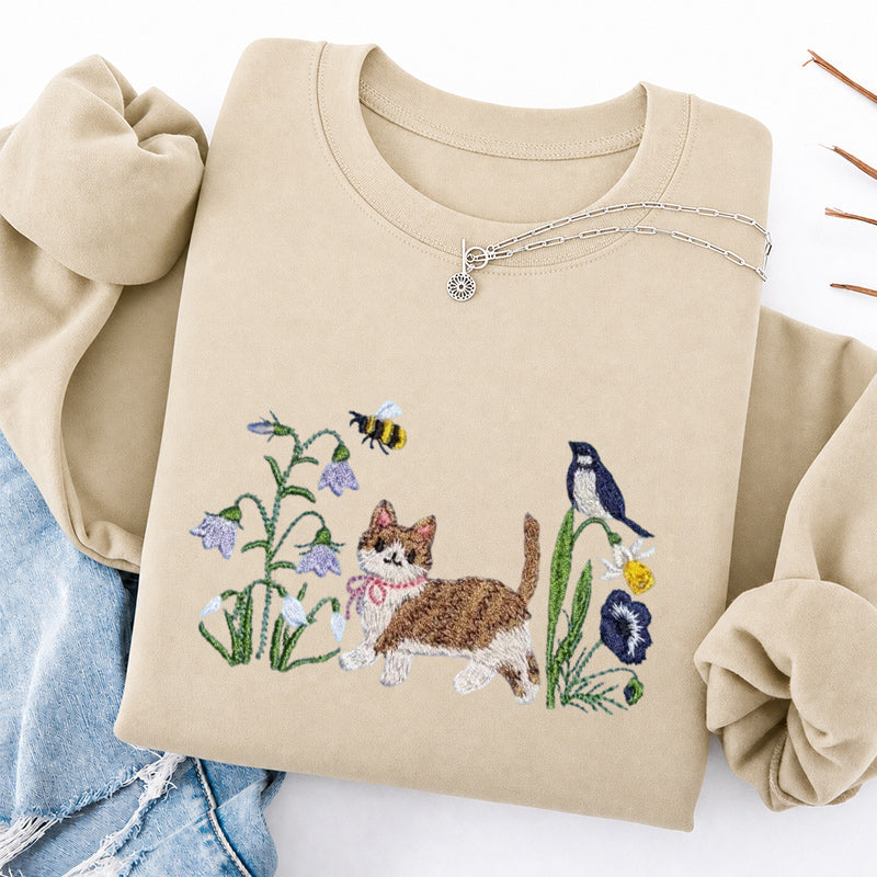 Embroidered Cat Wildflower Classic Crewneck Sweatshirt