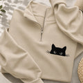 Embroidered Peeking Black Cat Classic Quarter Zip Sweatshirt