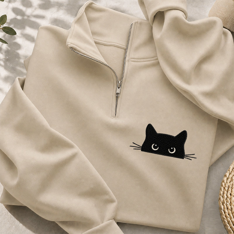 Embroidered Peeking Black Cat Classic Quarter Zip Sweatshirt
