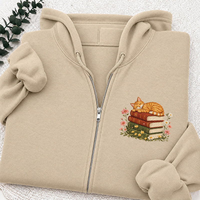 Embroidered Cat Sleeping On Books Classic Full Zip Hoodie