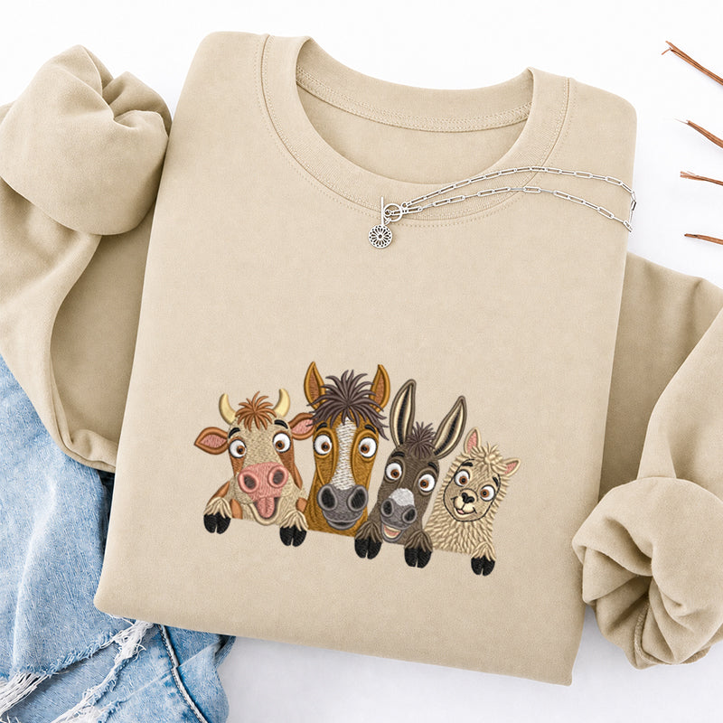 Embroidered Peeking Farm Animals Classic Crewneck Sweatshirt