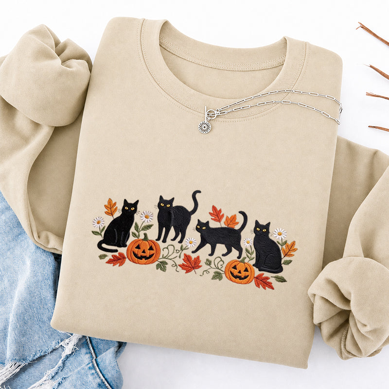 Embroidered Halloween Black Cat Pumpkins Classic Crewneck Sweatshirt