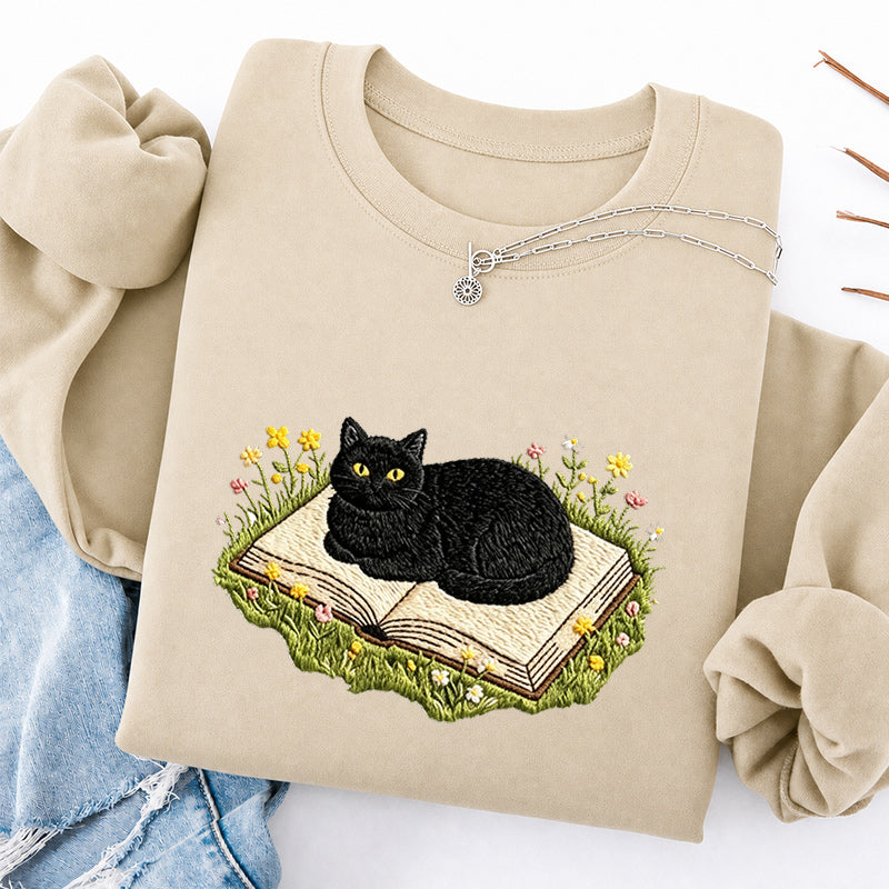 Embroidered Black Cat Book Classic Crewneck Sweatshirt