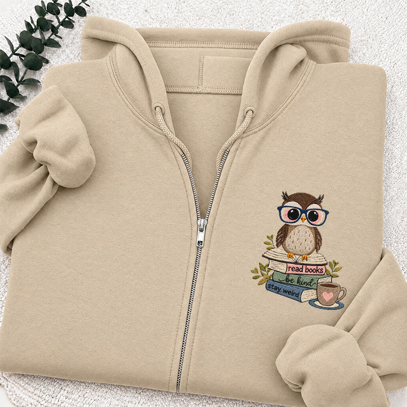 Embroidered Read Books Be Kind Owl Classic Full Zip Hoodie