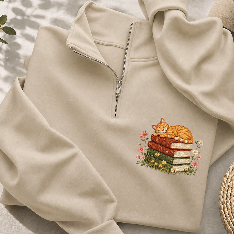Embroidered Sleeping Cat On Books Classic Quarter Zip Sweatshirt