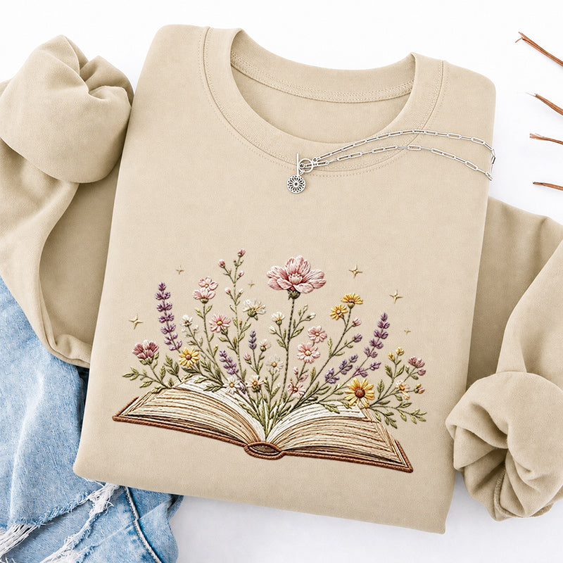 Embroidered Floral Book Classic Crewneck Sweatshirt