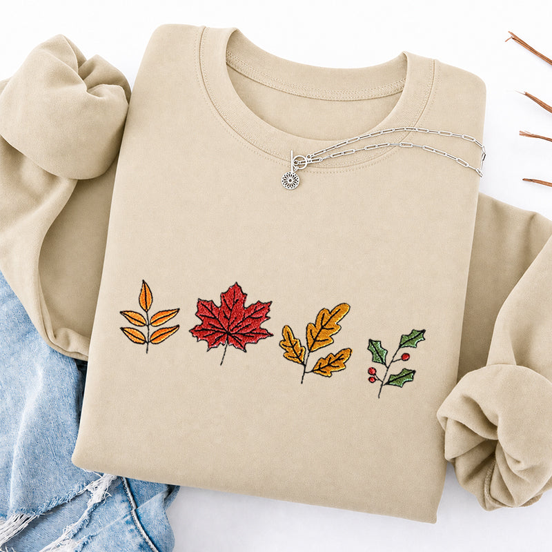 Embroidered Colorful Fall Leaves Classic Crewneck Sweatshirt