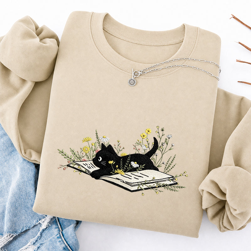 Embroidered Floral Book Cat Classic Crewneck Sweatshirt