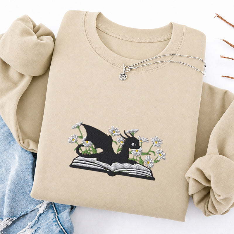 Embroidered Floral Dragon Book Classic Crewneck Sweatshirt