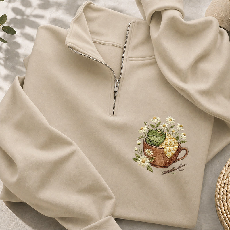 Embroidered Frog In Teacup Classic Quarter Zip Sweatshirt