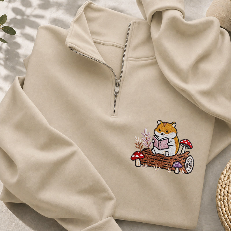 Embroidered Hamster Reading Books Classic Quarter Zip Sweatshirt