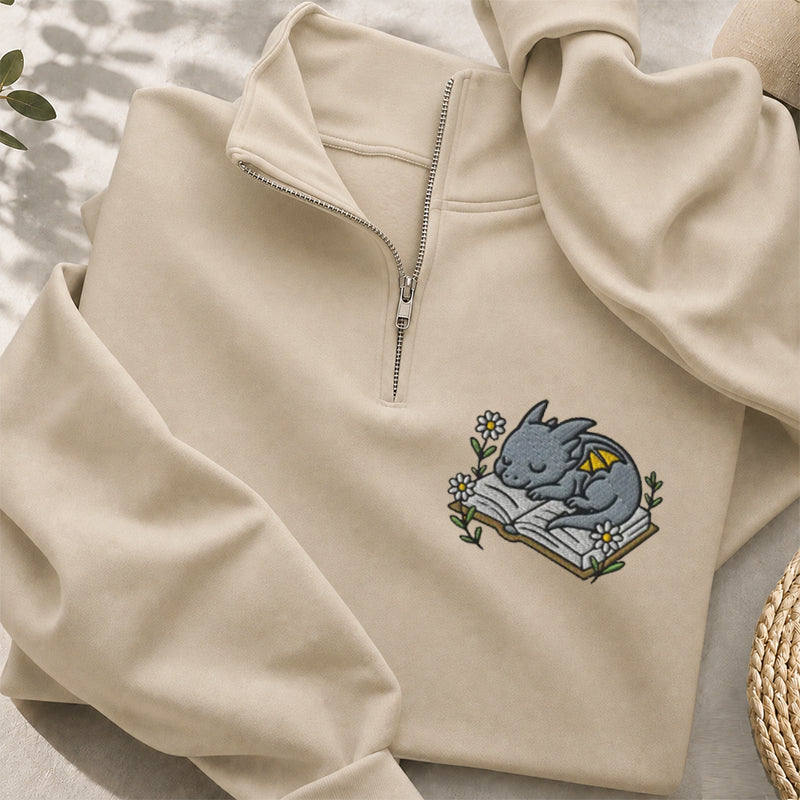 Embroidered Dragon Book Reading Classic Quarter Zip Sweatshirt